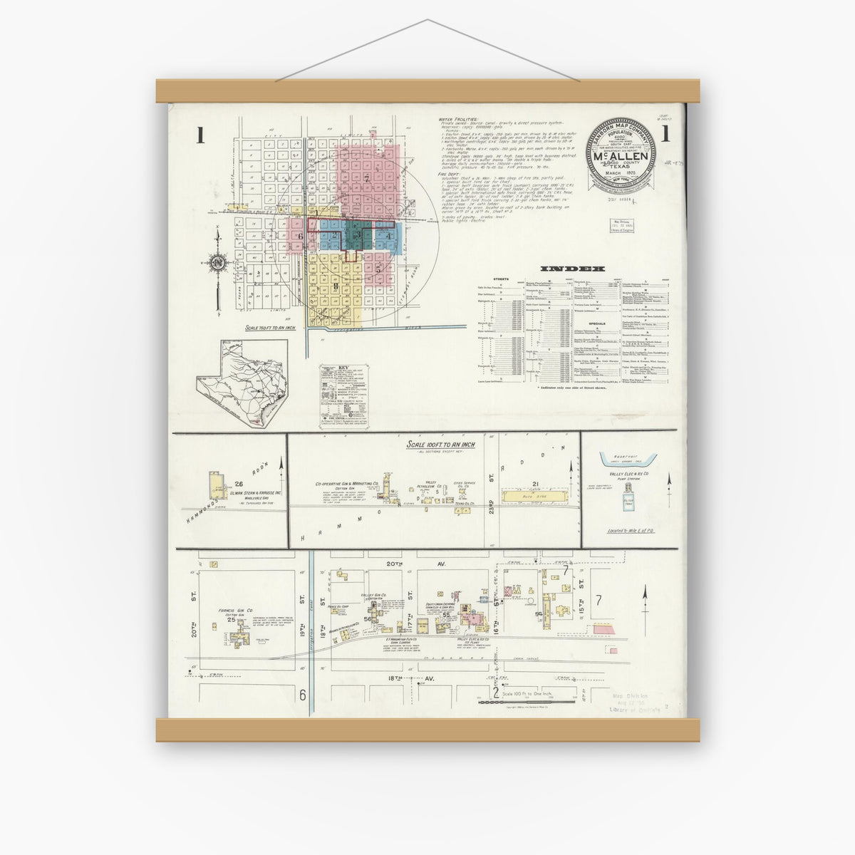 Old map wall art mockup — magnetic wood frame on white wall — Sanborn Fire Insurance Map from McAllen, Hidalgo County, Texas (1925) - Complete Map Set