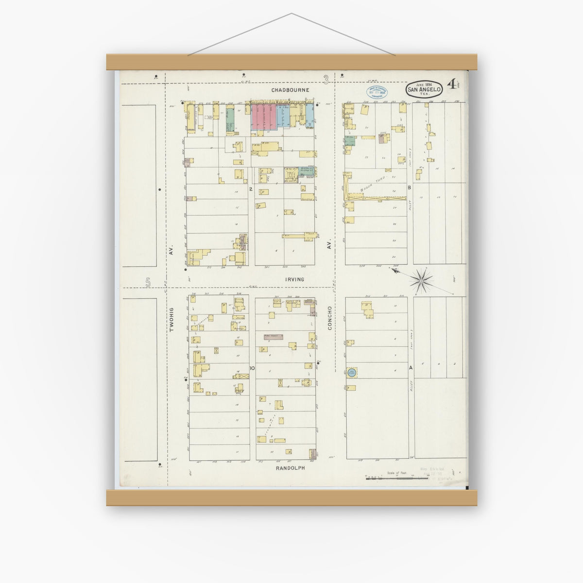 Old map wall art mockup — magnetic wood frame on white wall — Sanborn Fire Insurance Map from San Angelo, Tom Green County, Texas (1894), Sheet #0004