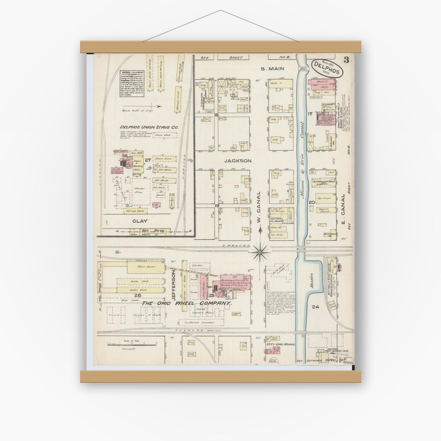 Old map wall art mockup — magnetic wood frame on white wall — Sanborn Fire Insurance Map from Delphos, Van Wert And Allen Counties, Ohio (1884), Sheet #0003