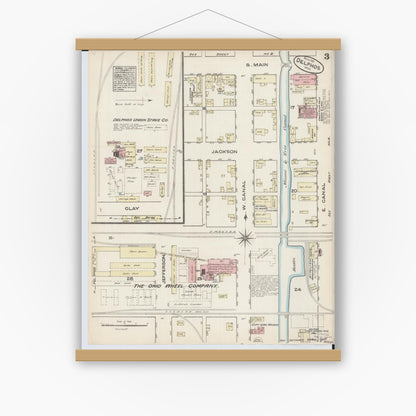 Old map wall art mockup — magnetic wood frame on white wall — Sanborn Fire Insurance Map from Delphos, Van Wert And Allen Counties, Ohio (1884), Sheet #0003