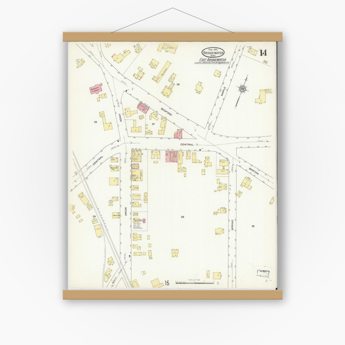Old map wall art mockup — magnetic wood frame on white wall — Sanborn Fire Insurance Map from Bridgewater, Plymouth County, Massachusetts (1912), Sheet #0014