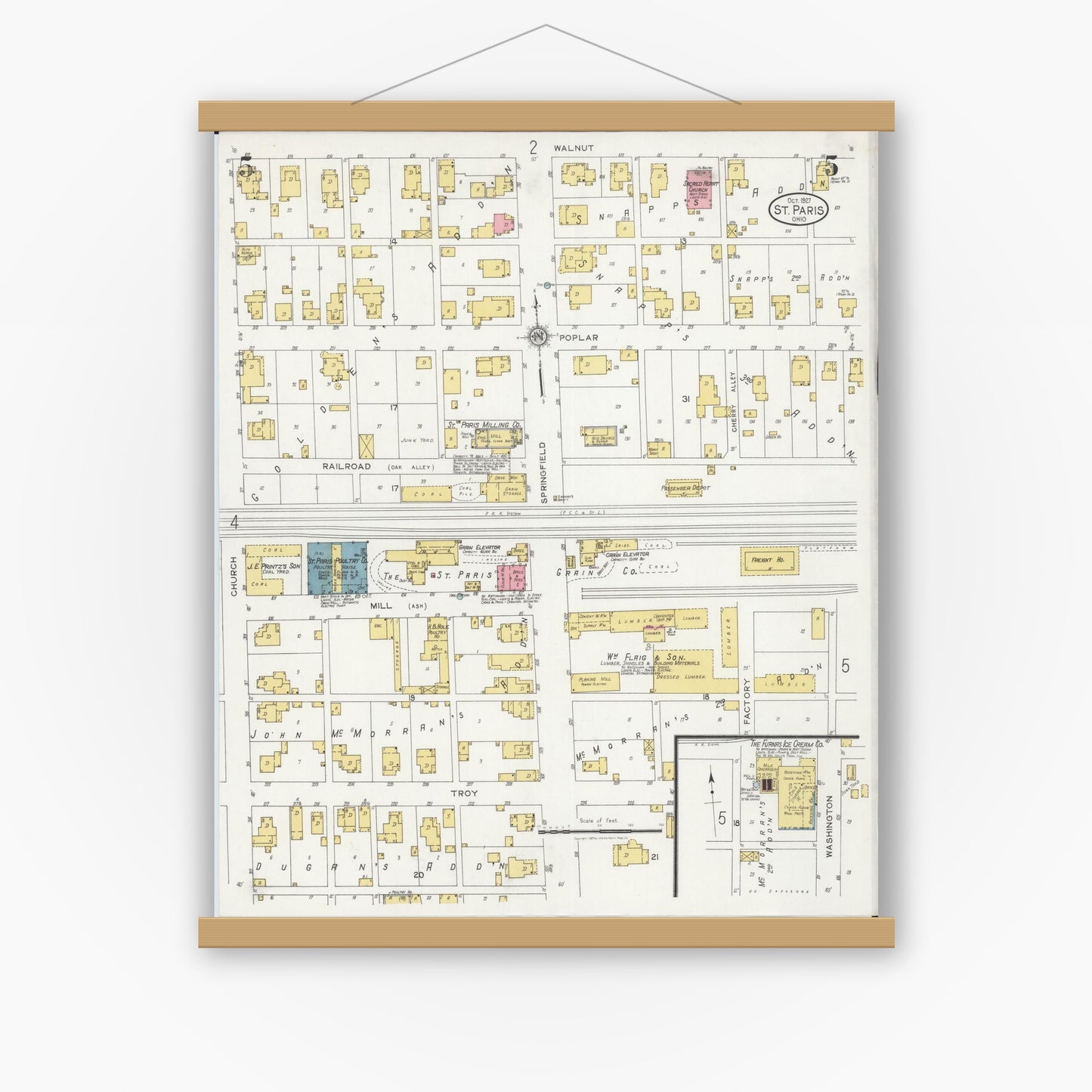 Old map wall art mockup — magnetic wood frame on white wall — Sanborn Fire Insurance Map from Saint Paris, Champaign County, Ohio (1927), Sheet #0005