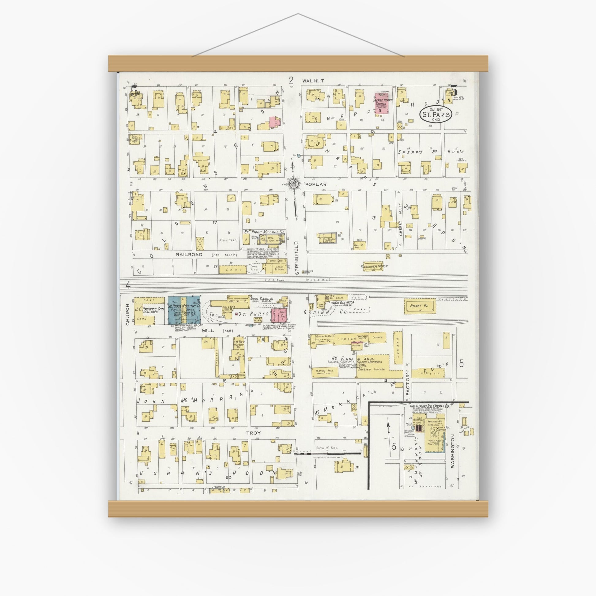 Old map wall art mockup — magnetic wood frame on white wall — Sanborn Fire Insurance Map from Saint Paris, Champaign County, Ohio (1927), Sheet #0005