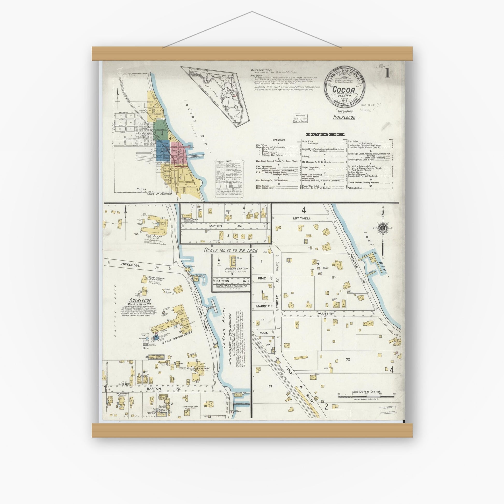 Old map wall art mockup — magnetic wood frame on white wall — Sanborn Fire Insurance Map from Cocoa, Brevard County, Florida (1919) - Complete Map Set