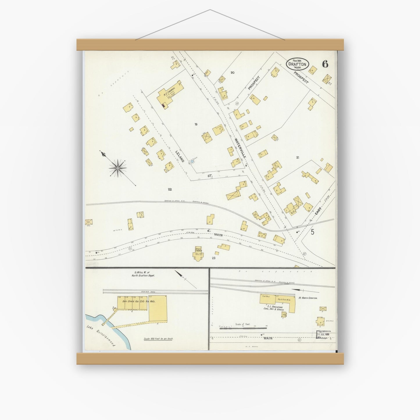 Old map wall art mockup — magnetic wood frame on white wall — Sanborn Fire Insurance Map from Grafton, Worcester County, Massachusetts (1904), Sheet #0006