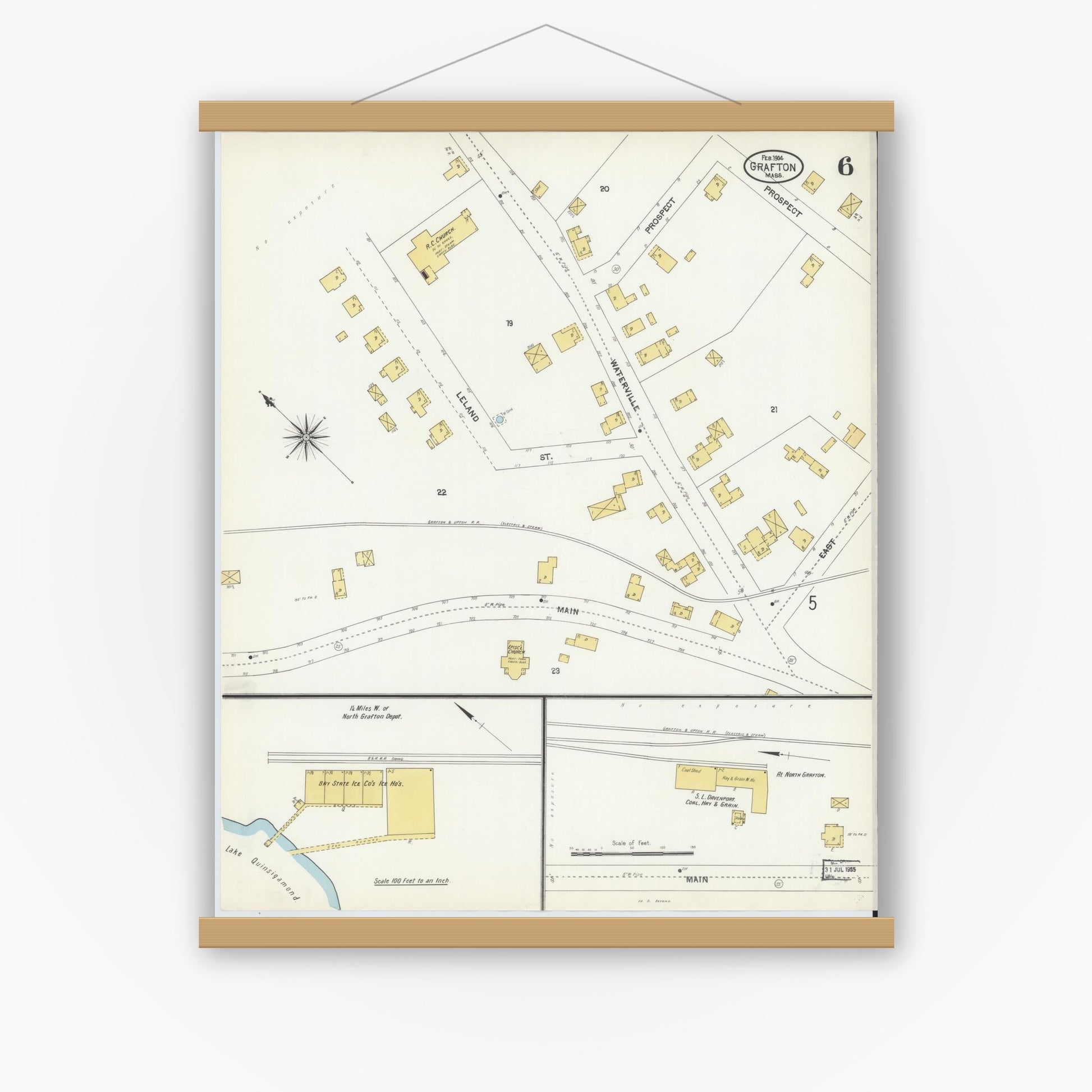 Old map wall art mockup — magnetic wood frame on white wall — Sanborn Fire Insurance Map from Grafton, Worcester County, Massachusetts (1904), Sheet #0006