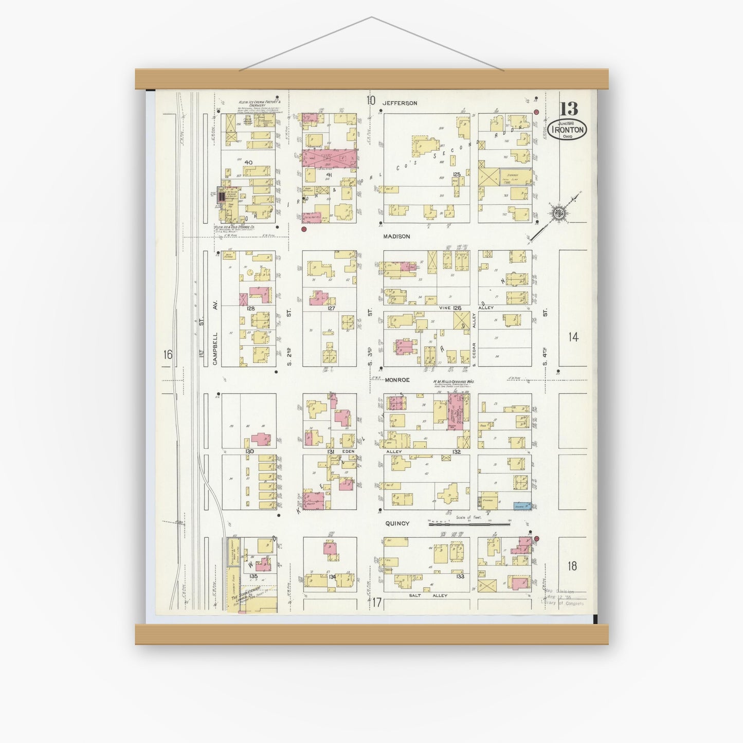 Old map wall art mockup — magnetic wood frame on white wall — Sanborn Fire Insurance Map from Ironton, Lawrence County, Ohio (1916), Sheet #0013