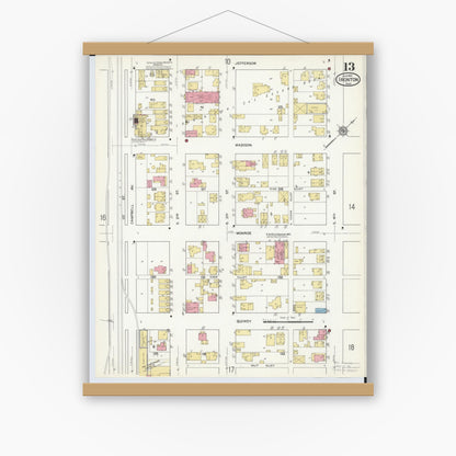 Old map wall art mockup — magnetic wood frame on white wall — Sanborn Fire Insurance Map from Ironton, Lawrence County, Ohio (1916), Sheet #0013