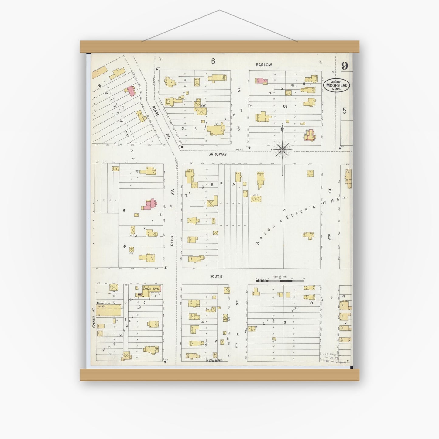Old map wall art mockup — magnetic wood frame on white wall — Sanborn Fire Insurance Map from Moorhead, Clay County, Minnesota (1899), Sheet #0009
