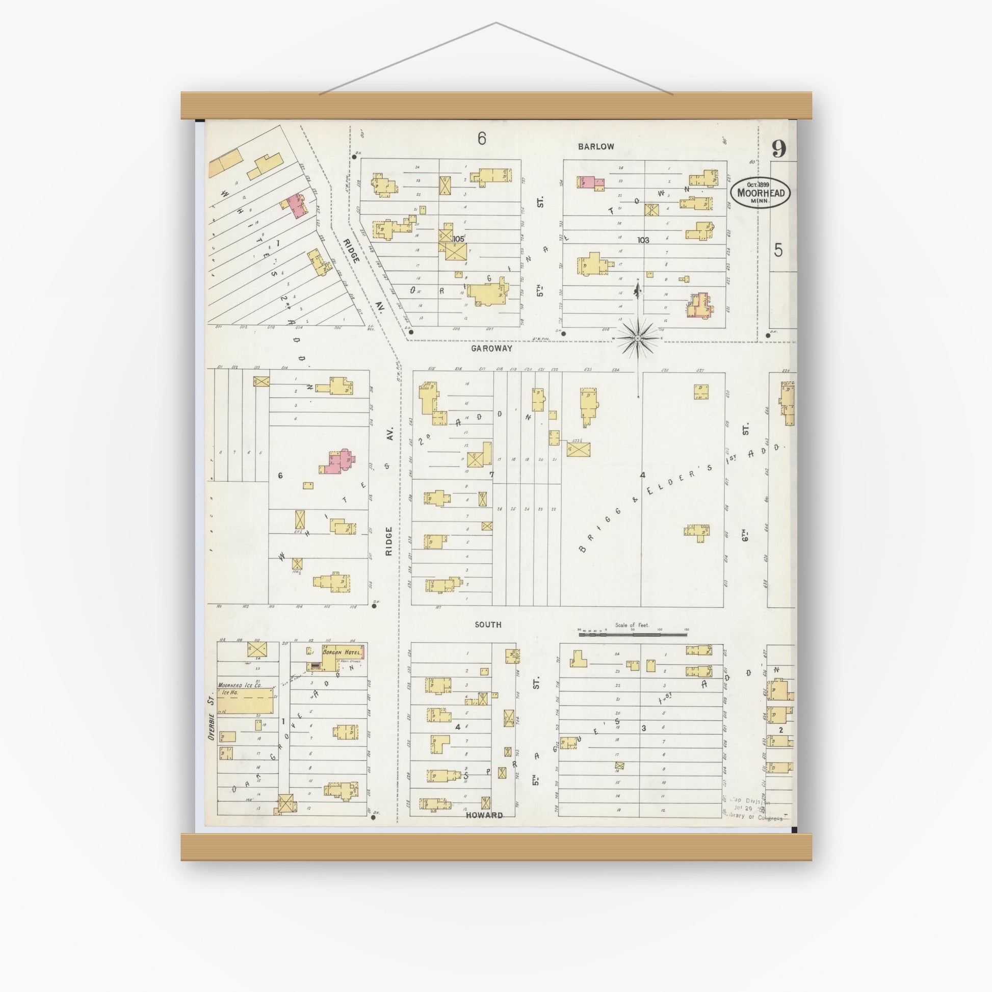 Old map wall art mockup — magnetic wood frame on white wall — Sanborn Fire Insurance Map from Moorhead, Clay County, Minnesota (1899), Sheet #0009