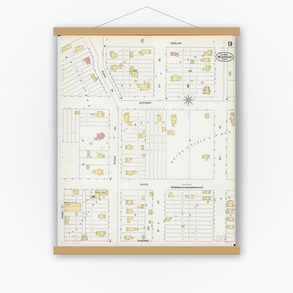 Old map wall art mockup — magnetic wood frame on white wall — Sanborn Fire Insurance Map from Moorhead, Clay County, Minnesota (1899), Sheet #0009