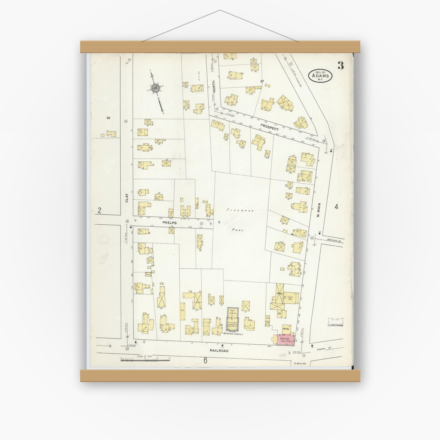 Old map wall art mockup — magnetic wood frame on white wall — Sanborn Fire Insurance Map from Adams, Jefferson County, New York (1911), Sheet #0003