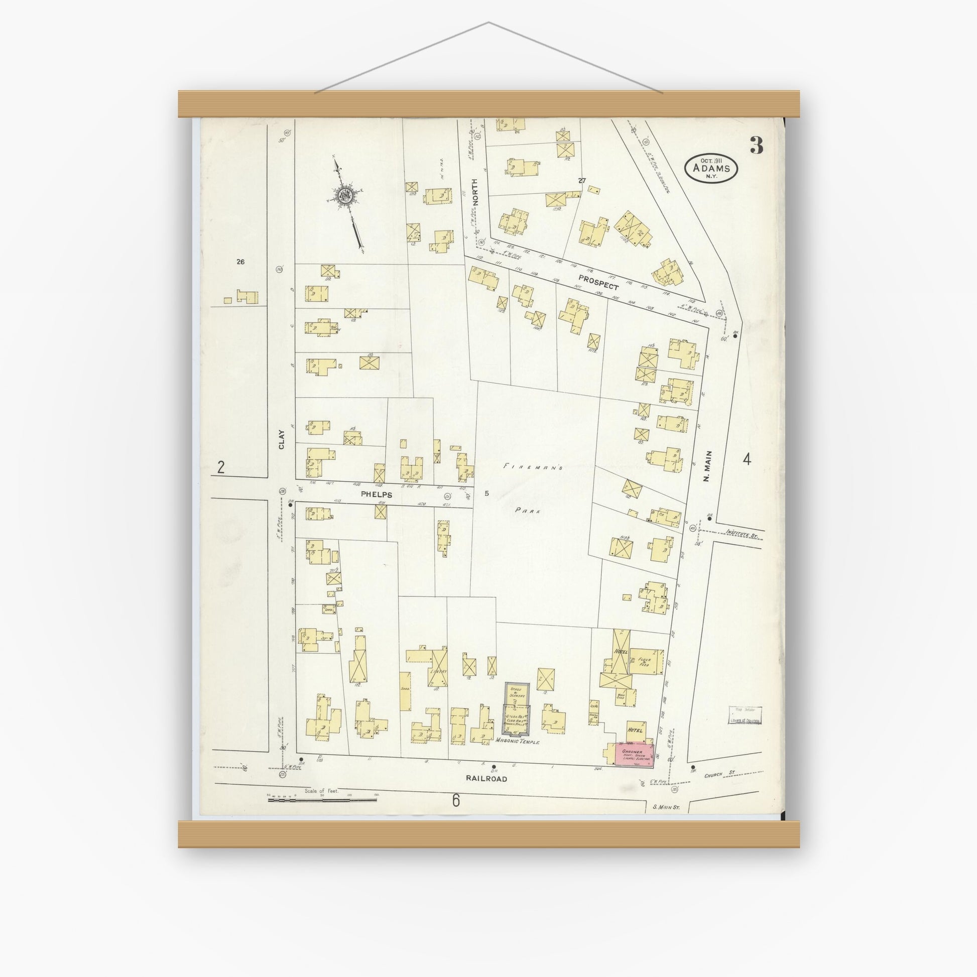 Old map wall art mockup — magnetic wood frame on white wall — Sanborn Fire Insurance Map from Adams, Jefferson County, New York (1911), Sheet #0003