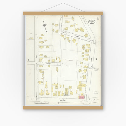 Old map wall art mockup — magnetic wood frame on white wall — Sanborn Fire Insurance Map from Adams, Jefferson County, New York (1911), Sheet #0003