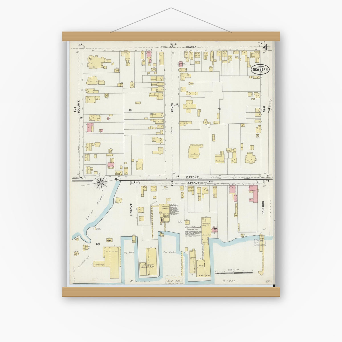 Old map wall art mockup — magnetic wood frame on white wall — Sanborn Fire Insurance Map from New Bern, Craven County, North Carolina (1898), Sheet #0004