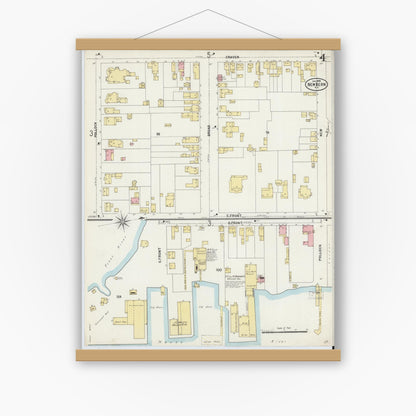 Old map wall art mockup — magnetic wood frame on white wall — Sanborn Fire Insurance Map from New Bern, Craven County, North Carolina (1898), Sheet #0004