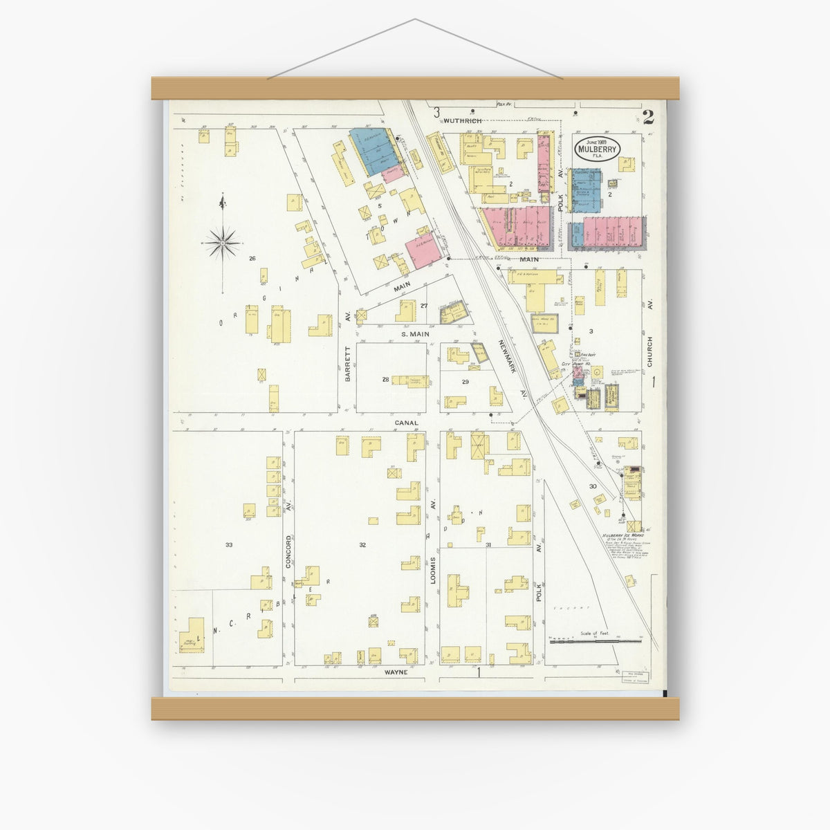 Old map wall art mockup — magnetic wood frame on white wall — Sanborn Fire Insurance Map from Mulberry, Polk County, Florida (1909), Sheet #0002