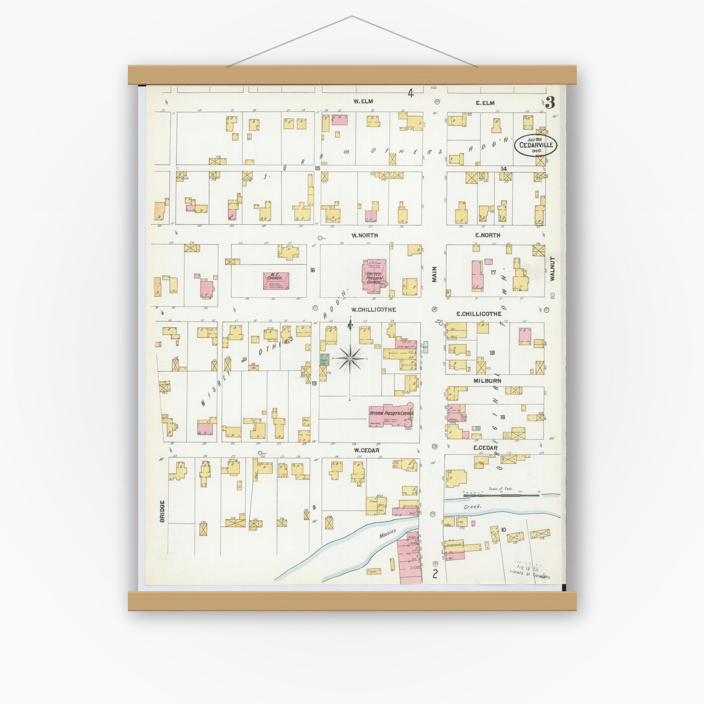Old map wall art mockup — magnetic wood frame on white wall — Sanborn Fire Insurance Map from Cedarville, Greene County, Ohio (1901), Sheet #0003