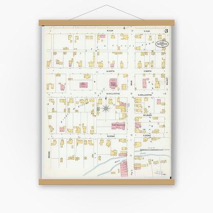 Old map wall art mockup — magnetic wood frame on white wall — Sanborn Fire Insurance Map from Cedarville, Greene County, Ohio (1901), Sheet #0003