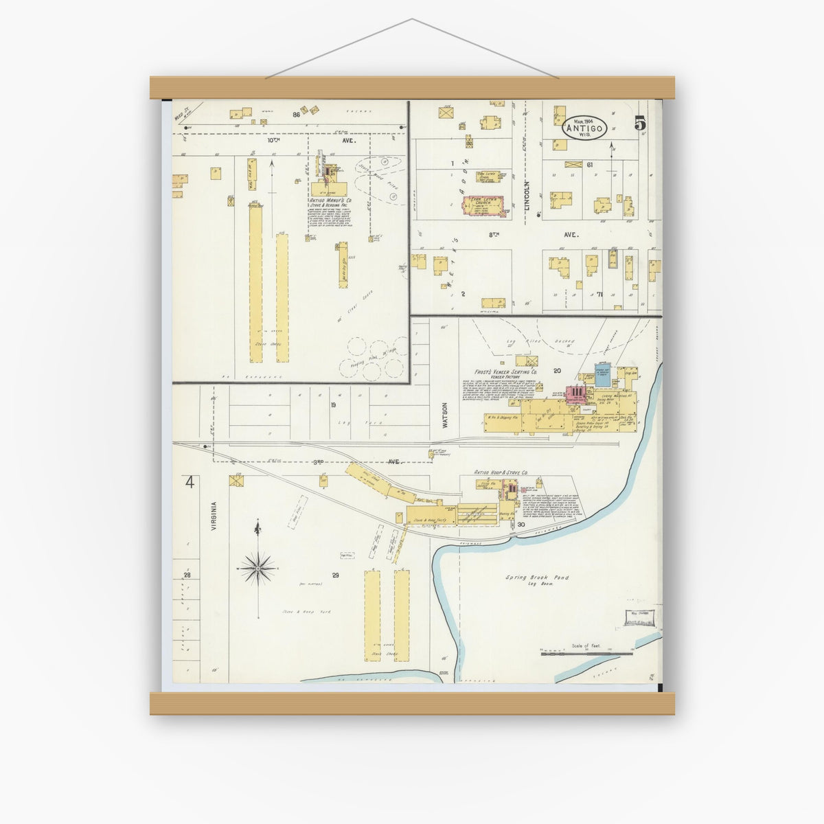 Old map wall art mockup — magnetic wood frame on white wall — Sanborn Fire Insurance Map from Antigo, Langlade County, Wisconsin (1904), Sheet #0005
