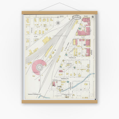 Old map wall art mockup — magnetic wood frame on white wall — Sanborn Fire Insurance Map from Roodhouse, Greene County, Illinois (1894), Sheet #0003