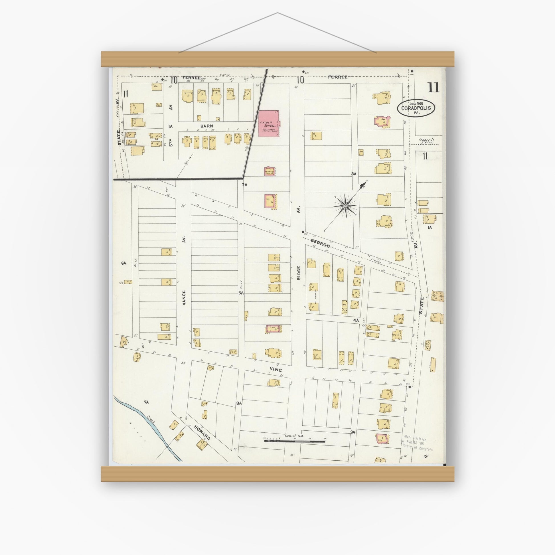 Old map wall art mockup — magnetic wood frame on white wall — Sanborn Fire Insurance Map from Coraopolis, Allegheny County, Pennsylvania (1906), Sheet #0011