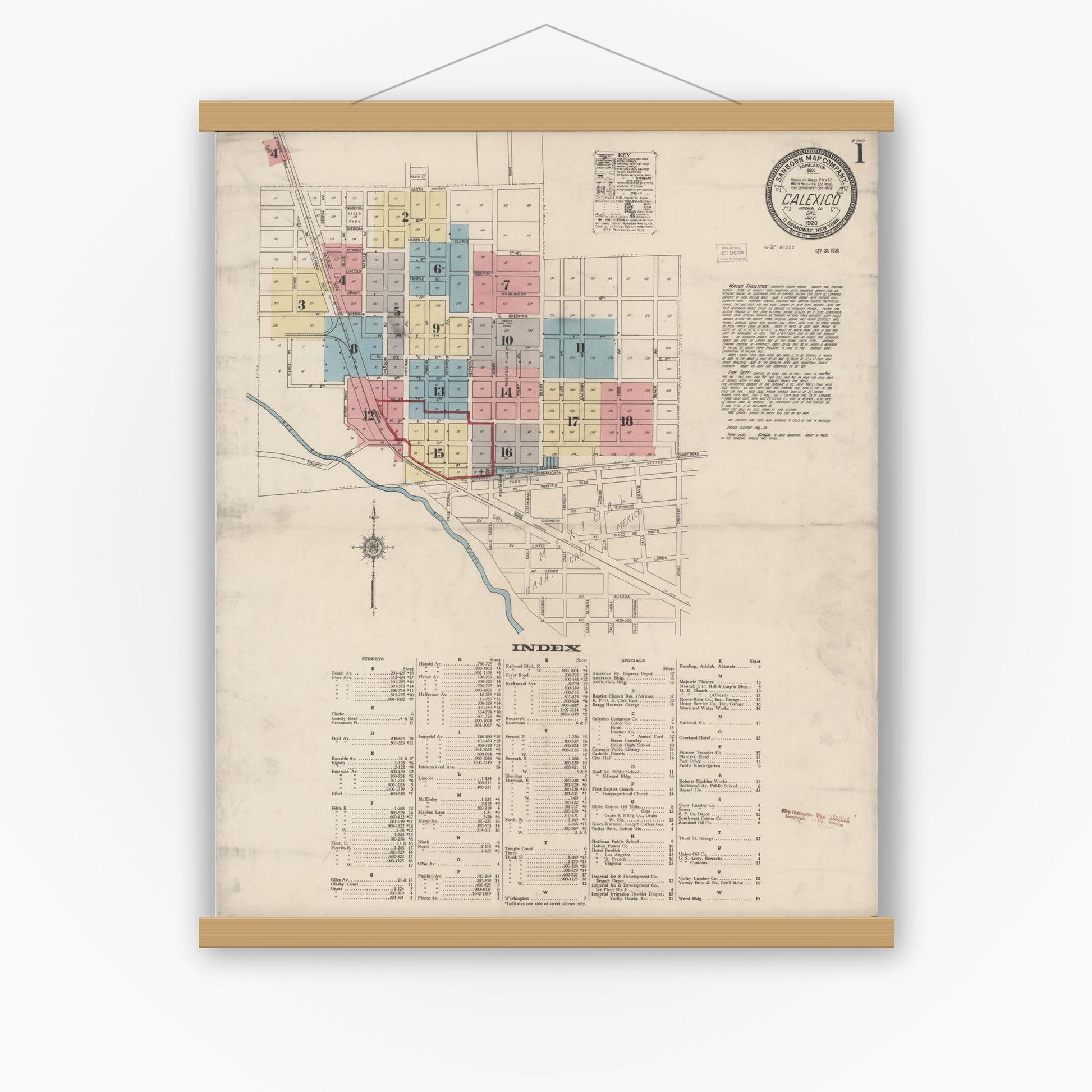 Old map wall art mockup — magnetic wood frame on white wall — Sanborn Fire Insurance Map from Calexico, Imperial County, California (1920), Sheet #0001