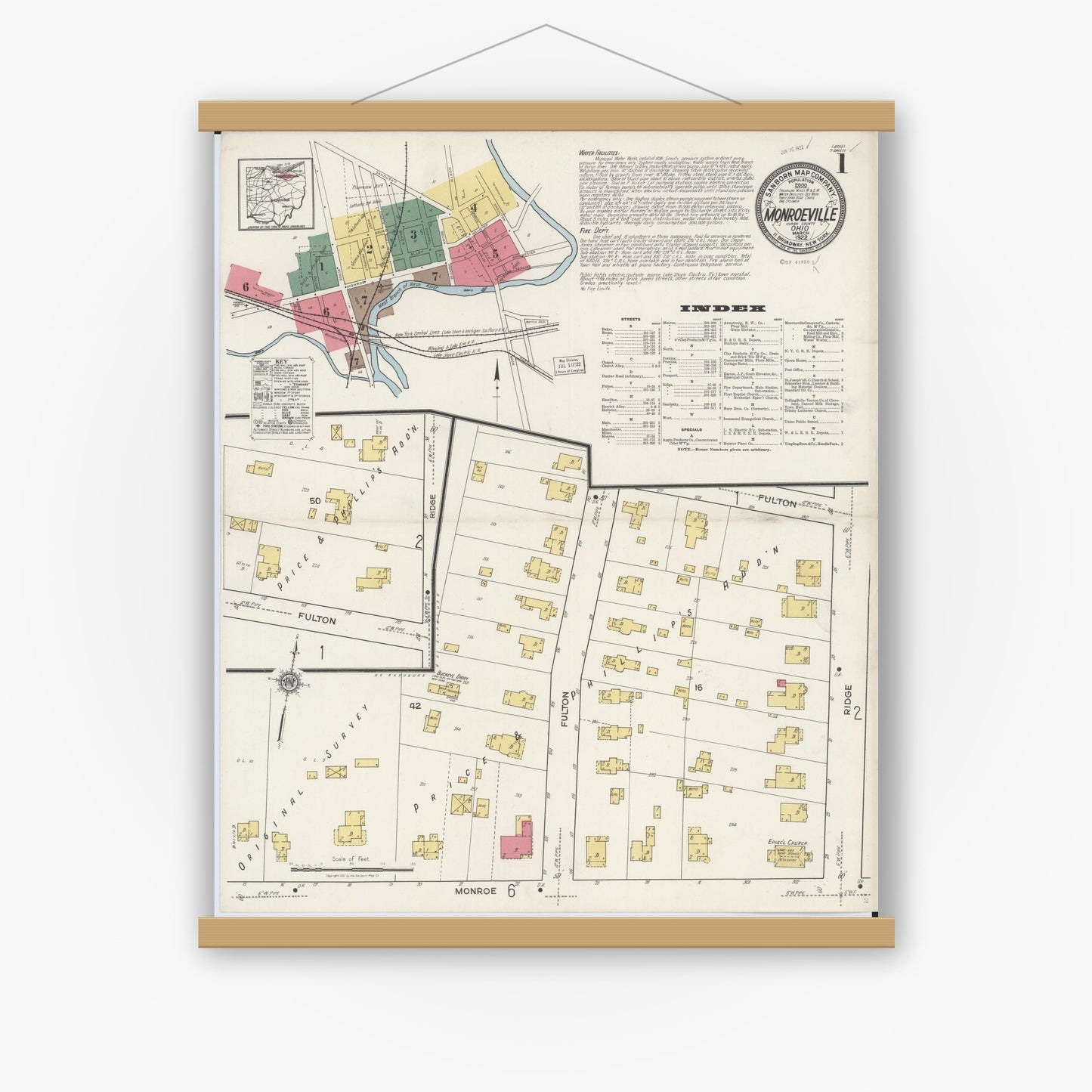 Old map wall art mockup — magnetic wood frame on white wall — Sanborn Fire Insurance Map from Monroeville, Huron County, Ohio (1922), Sheet #0001