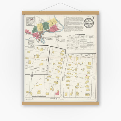 Old map wall art mockup — magnetic wood frame on white wall — Sanborn Fire Insurance Map from Monroeville, Huron County, Ohio (1922), Sheet #0001