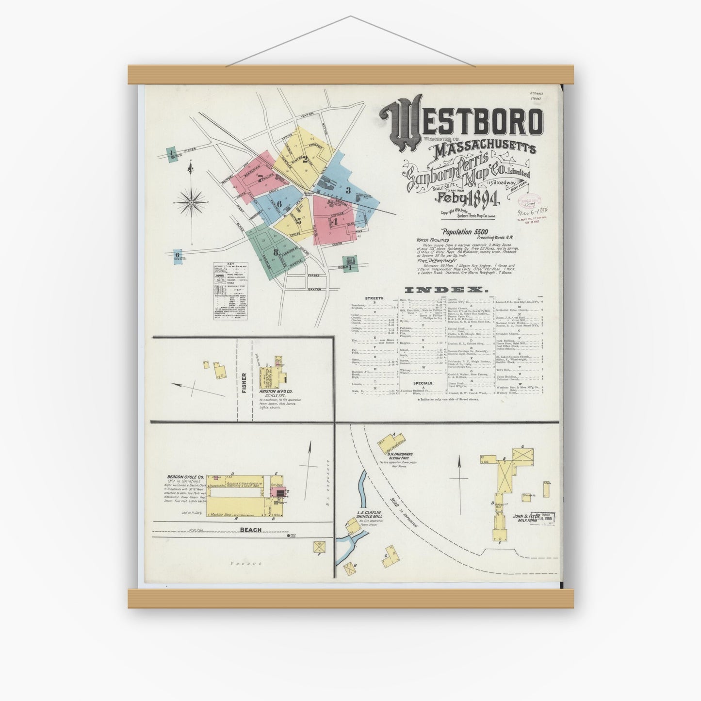 Old map wall art mockup — magnetic wood frame on white wall — Sanborn Fire Insurance Map from Westboro, Worcester County, Massachusetts (1894), Sheet #0001