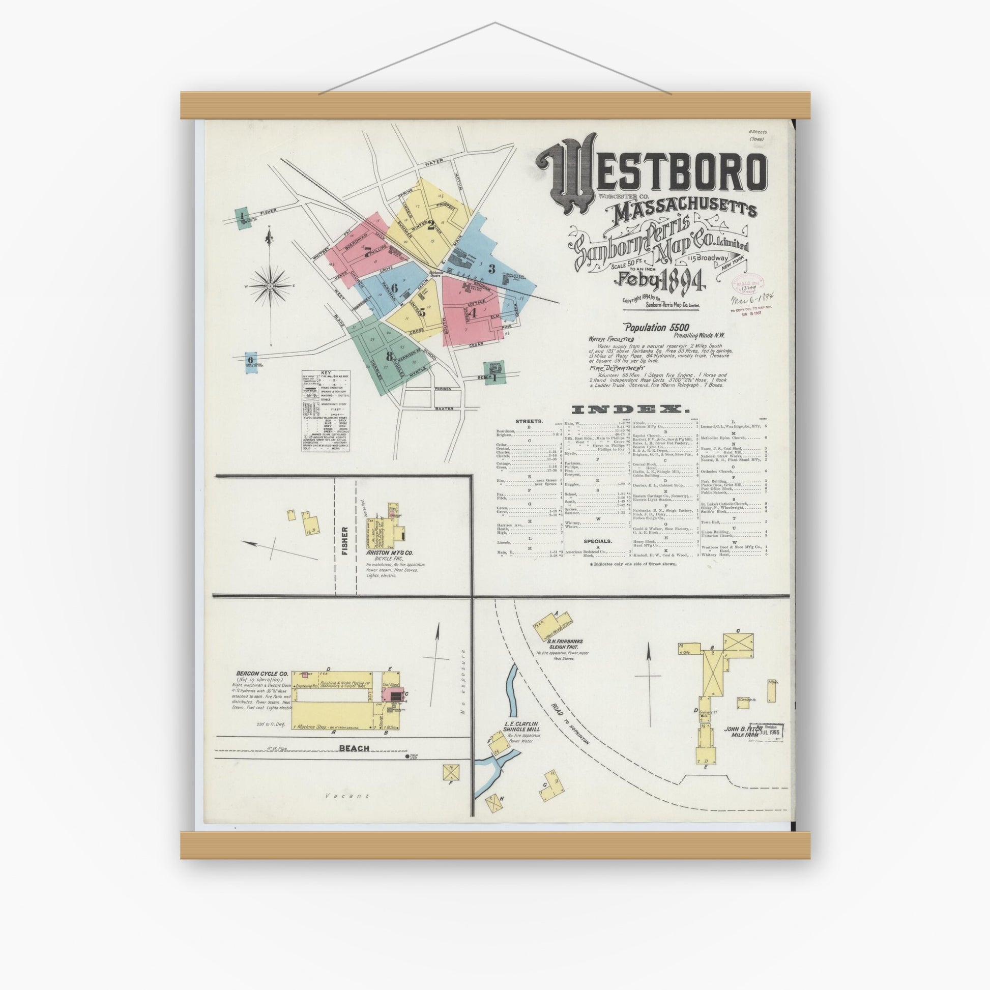 Old map wall art mockup — magnetic wood frame on white wall — Sanborn Fire Insurance Map from Westboro, Worcester County, Massachusetts (1894), Sheet #0001