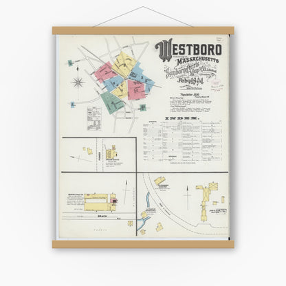 Old map wall art mockup — magnetic wood frame on white wall — Sanborn Fire Insurance Map from Westboro, Worcester County, Massachusetts (1894), Sheet #0001