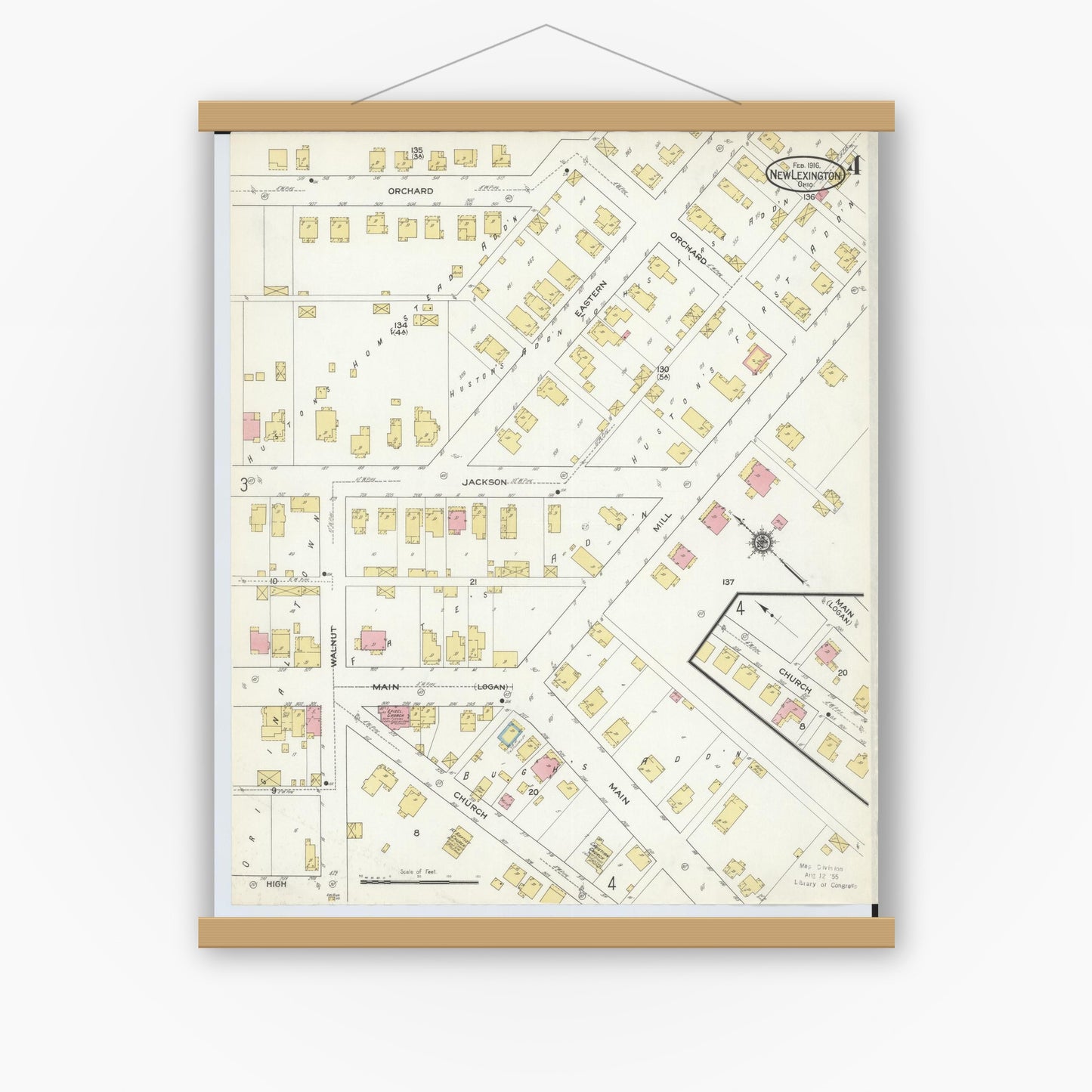Old map wall art mockup — magnetic wood frame on white wall — Sanborn Fire Insurance Map from New Lexington, Perry County, Ohio (1916), Sheet #0004
