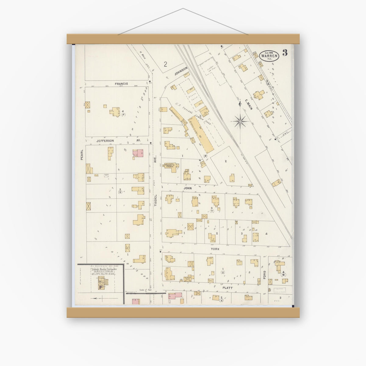 Old map wall art mockup — magnetic wood frame on white wall — Sanborn Fire Insurance Map from Warren, Jo Daviess County, Illinois (1898), Sheet #0003