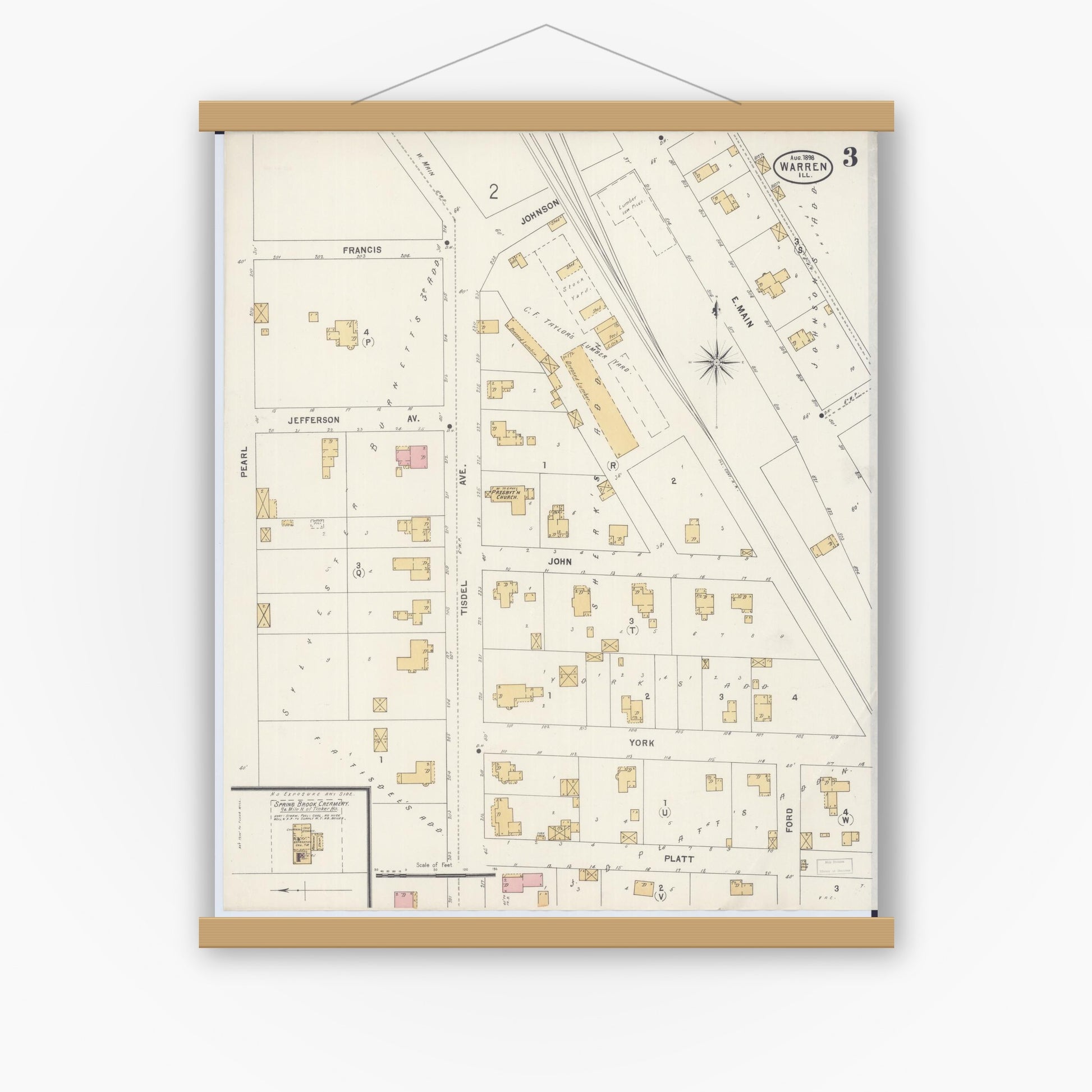 Old map wall art mockup — magnetic wood frame on white wall — Sanborn Fire Insurance Map from Warren, Jo Daviess County, Illinois (1898), Sheet #0003