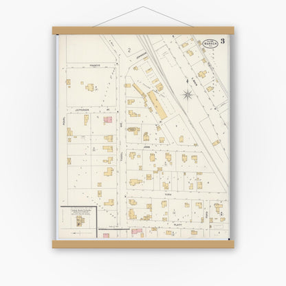 Old map wall art mockup — magnetic wood frame on white wall — Sanborn Fire Insurance Map from Warren, Jo Daviess County, Illinois (1898), Sheet #0003