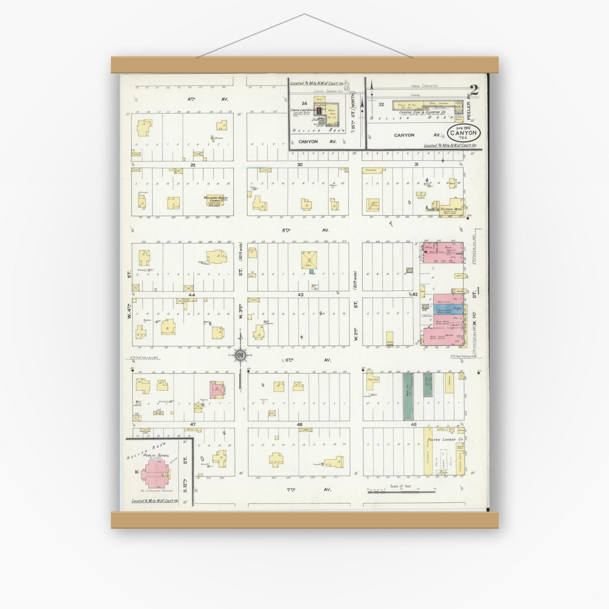 Old map wall art mockup — magnetic wood frame on white wall — Sanborn Fire Insurance Map from Canyon, Randall County, Texas (1910), Sheet #0002
