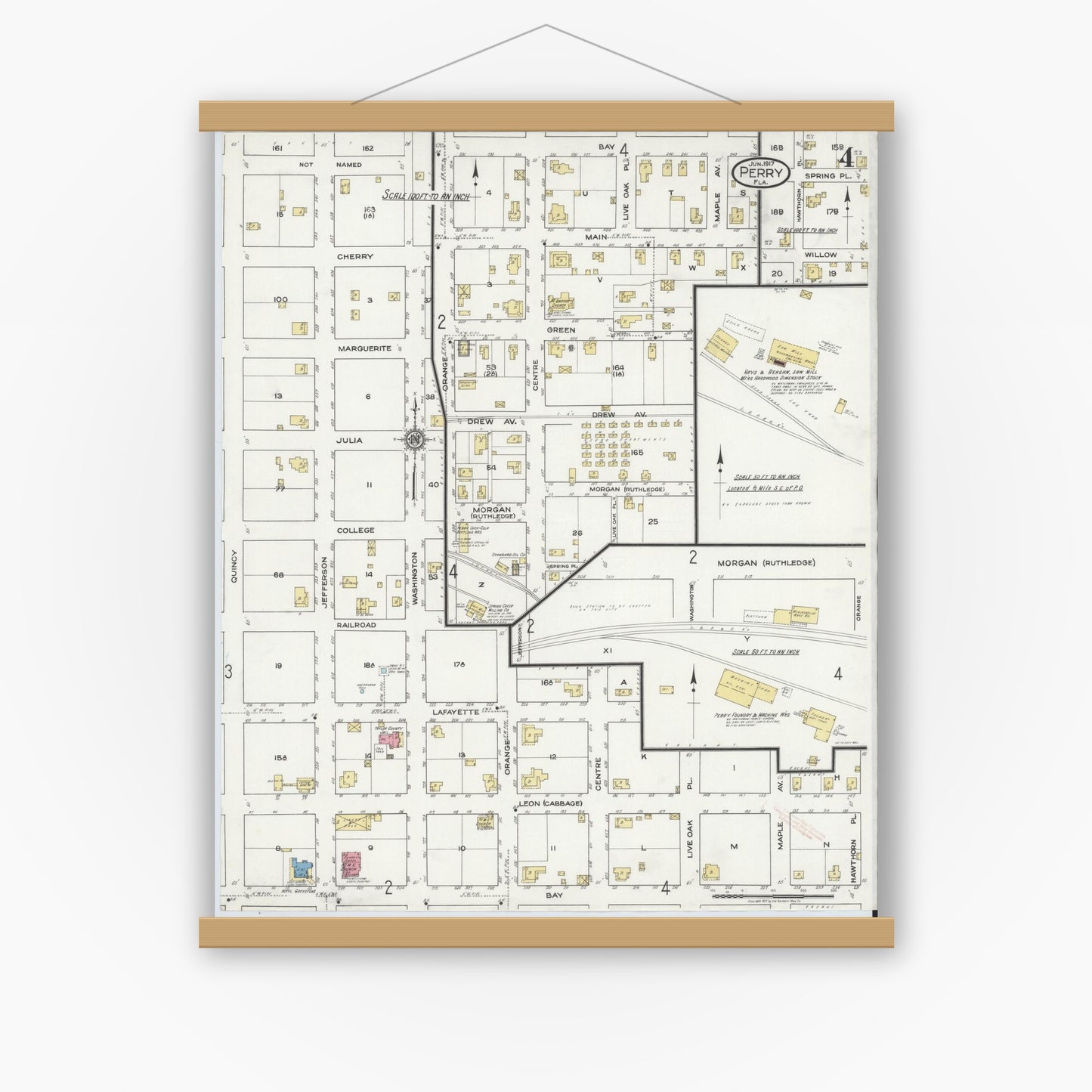 Old map wall art mockup — magnetic wood frame on white wall — Sanborn Fire Insurance Map from Perry, Taylor County, Florida (1917), Sheet #0004