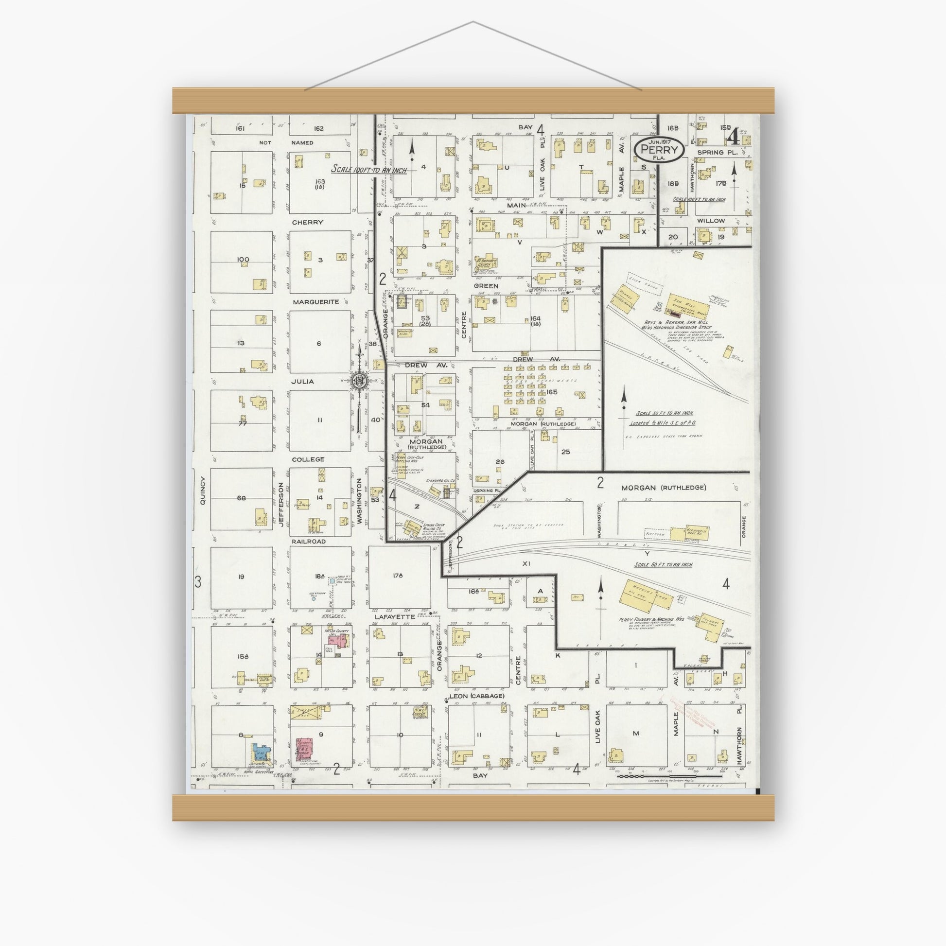 Old map wall art mockup — magnetic wood frame on white wall — Sanborn Fire Insurance Map from Perry, Taylor County, Florida (1917), Sheet #0004