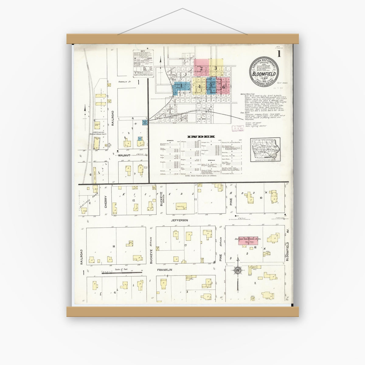 Old map wall art mockup — magnetic wood frame on white wall — Sanborn Fire Insurance Map from Bloomfield, Davis County, Iowa (1913) â€” Complete Set