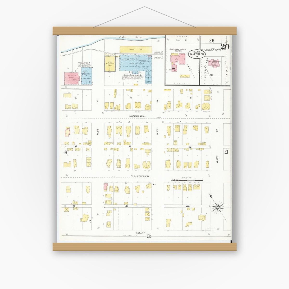 Old map wall art mockup — magnetic wood frame on white wall — Sanborn Fire Insurance Map from Waterloo, Black Hawk County, Iowa (1906), Sheet #0020