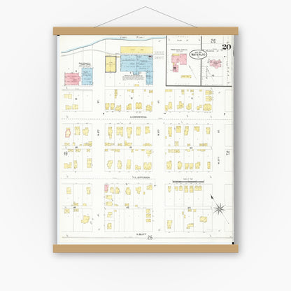 Old map wall art mockup — magnetic wood frame on white wall — Sanborn Fire Insurance Map from Waterloo, Black Hawk County, Iowa (1906), Sheet #0020