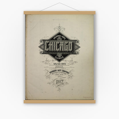 Old map wall art mockup — magnetic wood frame on white wall — Sanborn Fire Insurance Map from Chicago, Cook County, Illinois (1912), Sheet #0001