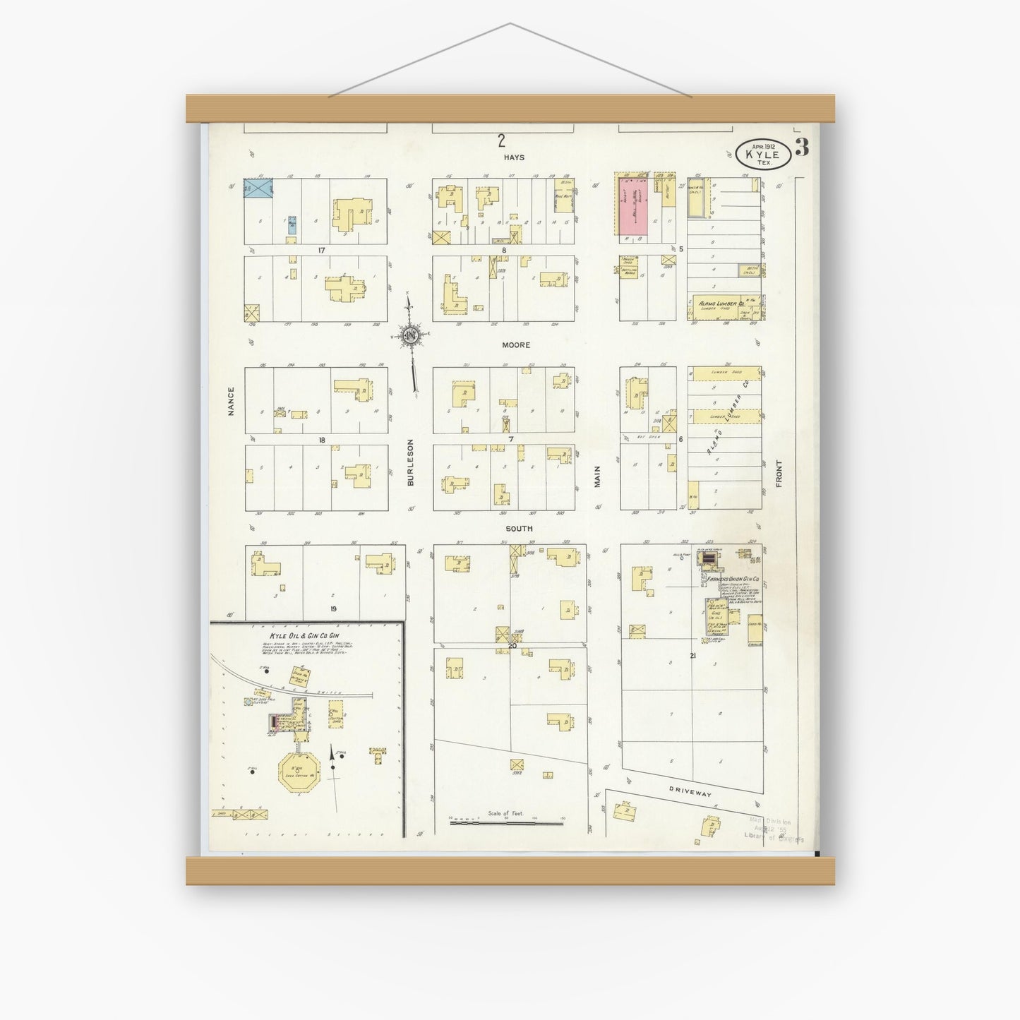 Old map wall art mockup — magnetic wood frame on white wall — Sanborn Fire Insurance Map from Kyle, Hays County, Texas (1912), Sheet #0003