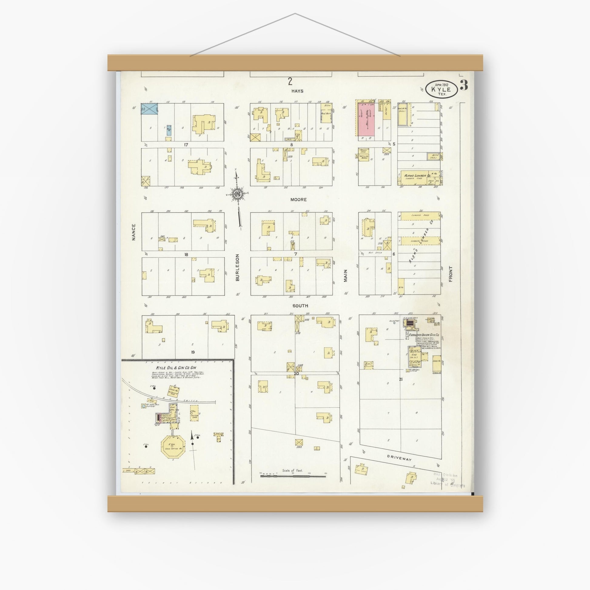 Old map wall art mockup — magnetic wood frame on white wall — Sanborn Fire Insurance Map from Kyle, Hays County, Texas (1912), Sheet #0003