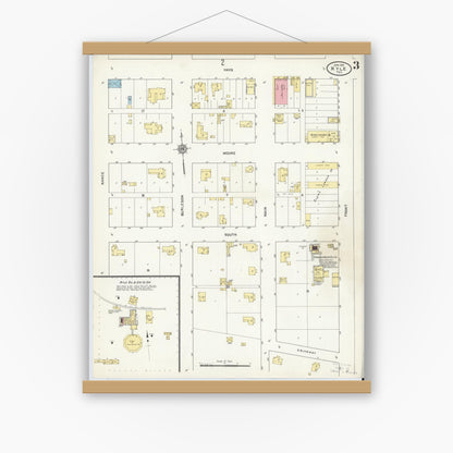 Old map wall art mockup — magnetic wood frame on white wall — Sanborn Fire Insurance Map from Kyle, Hays County, Texas (1912), Sheet #0003