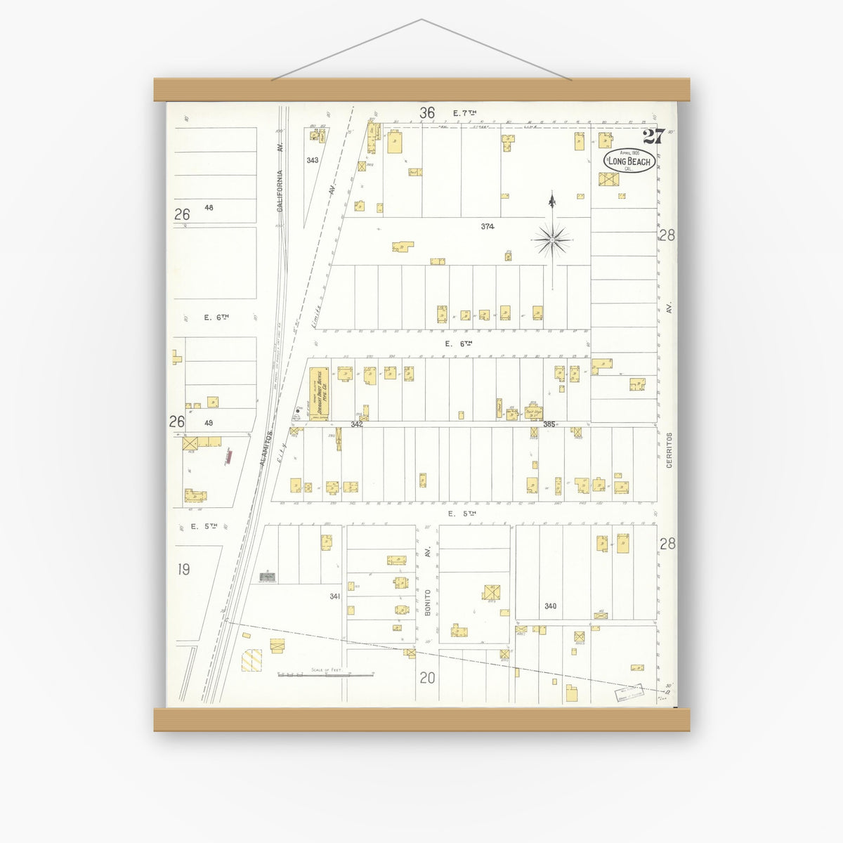 Old map wall art mockup — magnetic wood frame on white wall — Sanborn Fire Insurance Map from Long Beach, Los Angeles County, California (1905), Sheet #0027