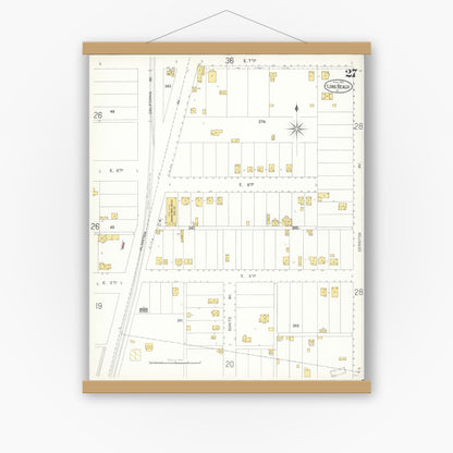 Old map wall art mockup — magnetic wood frame on white wall — Sanborn Fire Insurance Map from Long Beach, Los Angeles County, California (1905), Sheet #0027