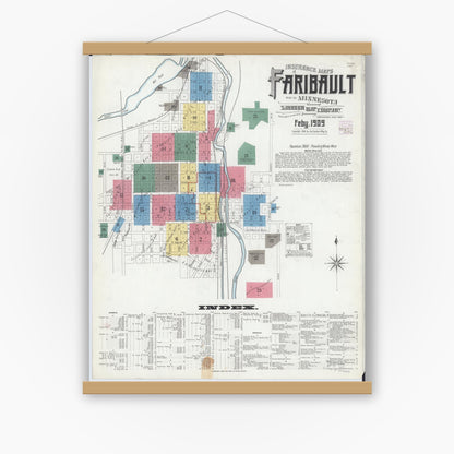 Old map wall art mockup — magnetic wood frame on white wall — Sanborn Fire Insurance Map from Faribault, Rice County, Minnesota (1909) - Complete Map Set