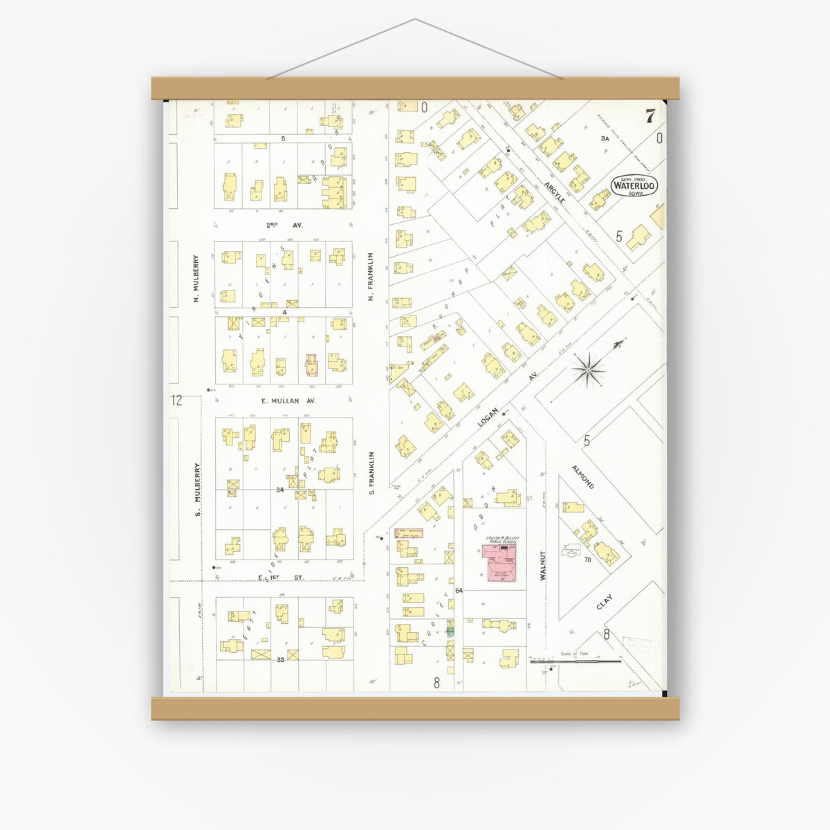 Old map wall art mockup — magnetic wood frame on white wall — Sanborn Fire Insurance Map from Waterloo, Black Hawk County, Iowa (1900), Sheet #0007